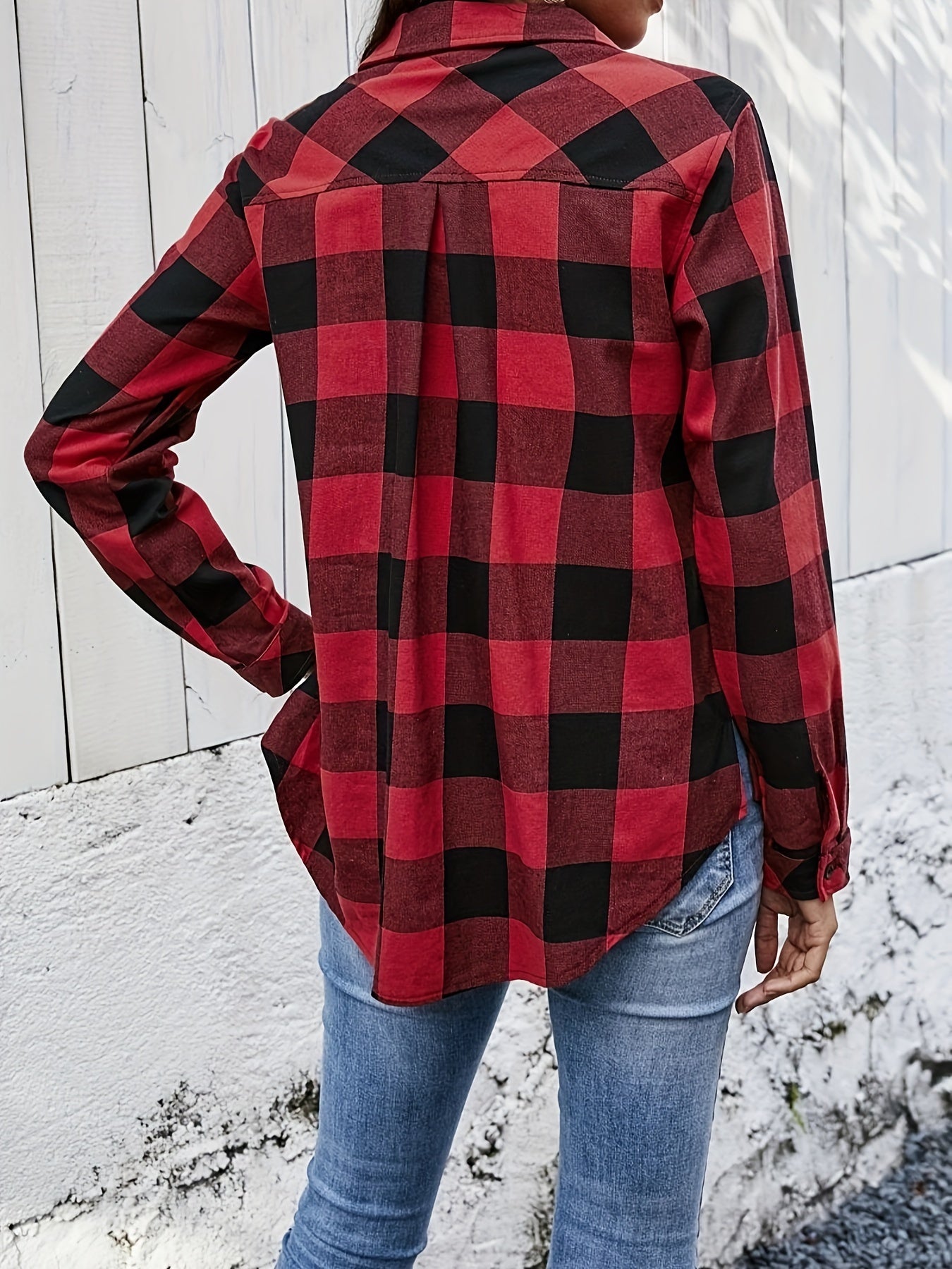  Plaid Print Long Sleeve Button Up Collar Shirt Top