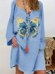  Tie Dye Butterfly Print Lantern Sleeve Loose Dress