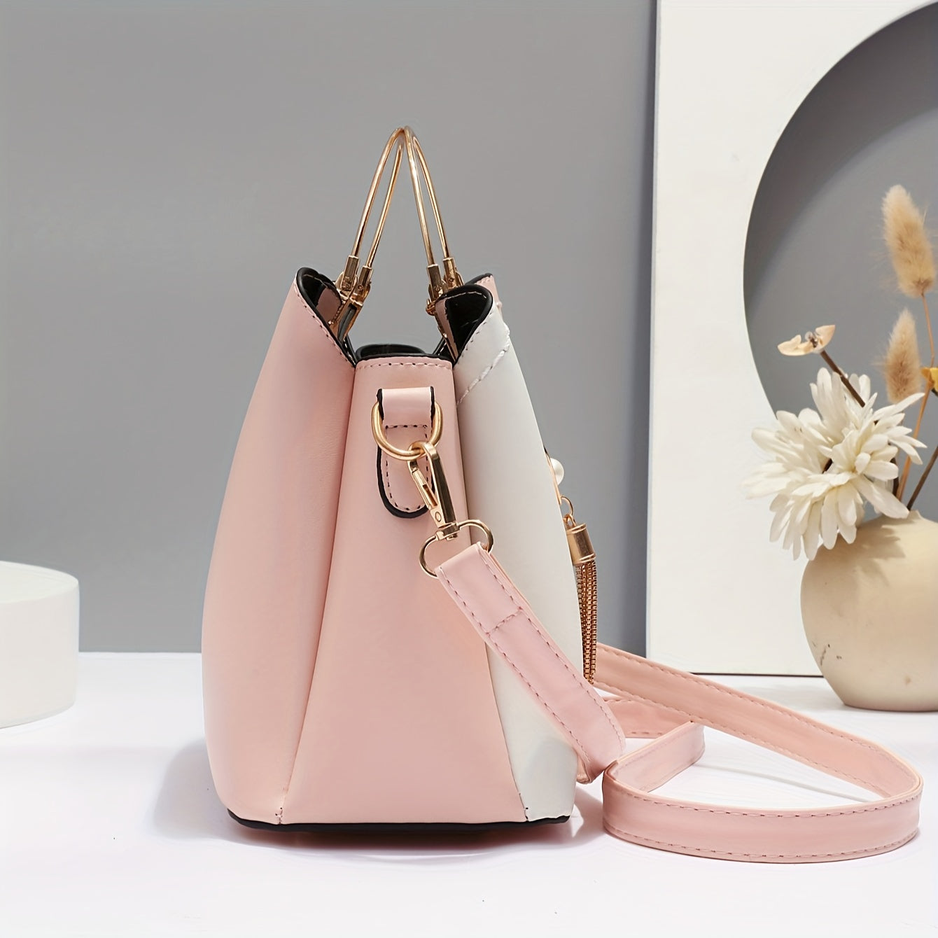 Tassel Accented Colorblock Handbag for Women Crossbody Bag with Zip Closure