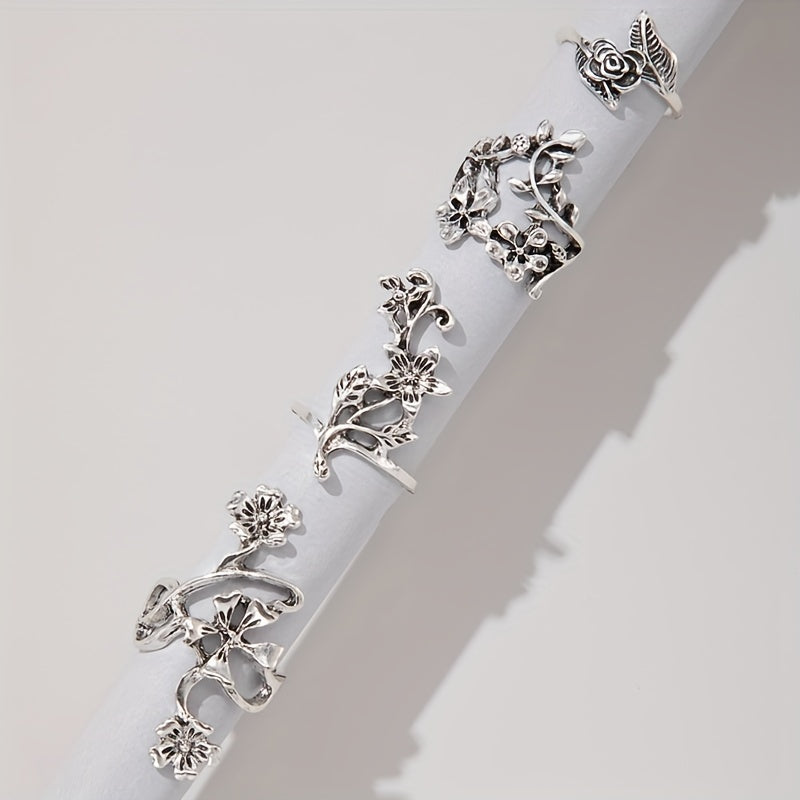 Boho Flower Stackable Leaf Finger Rings Set of 4