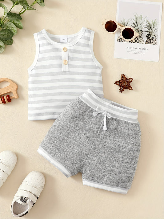 2pcs Baby Boys Striped Tank Top & Shorts Set for Summer