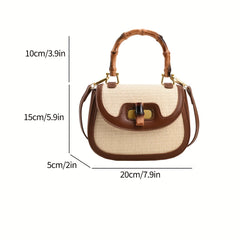 Straw Handbag Wooden Turn Lock Shoulder Bag Crossbody Bag