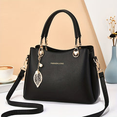 Classic Shoulder Handbag with Metal Leaf Pendant - Stylish and Spacious