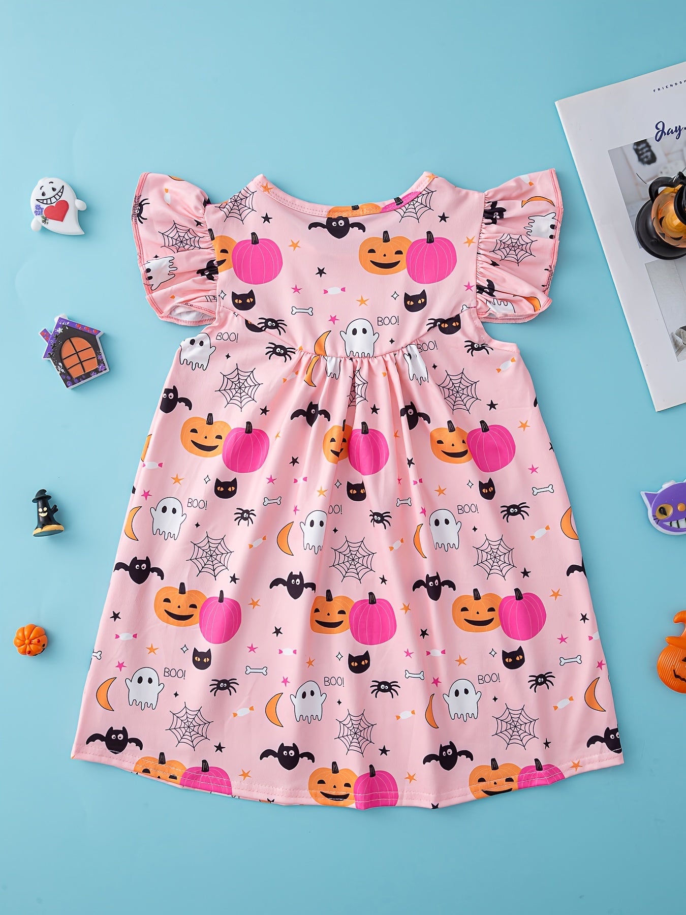 Pumpkin Halloween Dress Flying Sleeve Comfort Fit Girls Vacation Party Casual