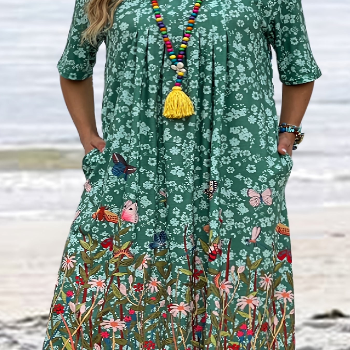  Floral & Butterfly Print Tee Dress With Pockets