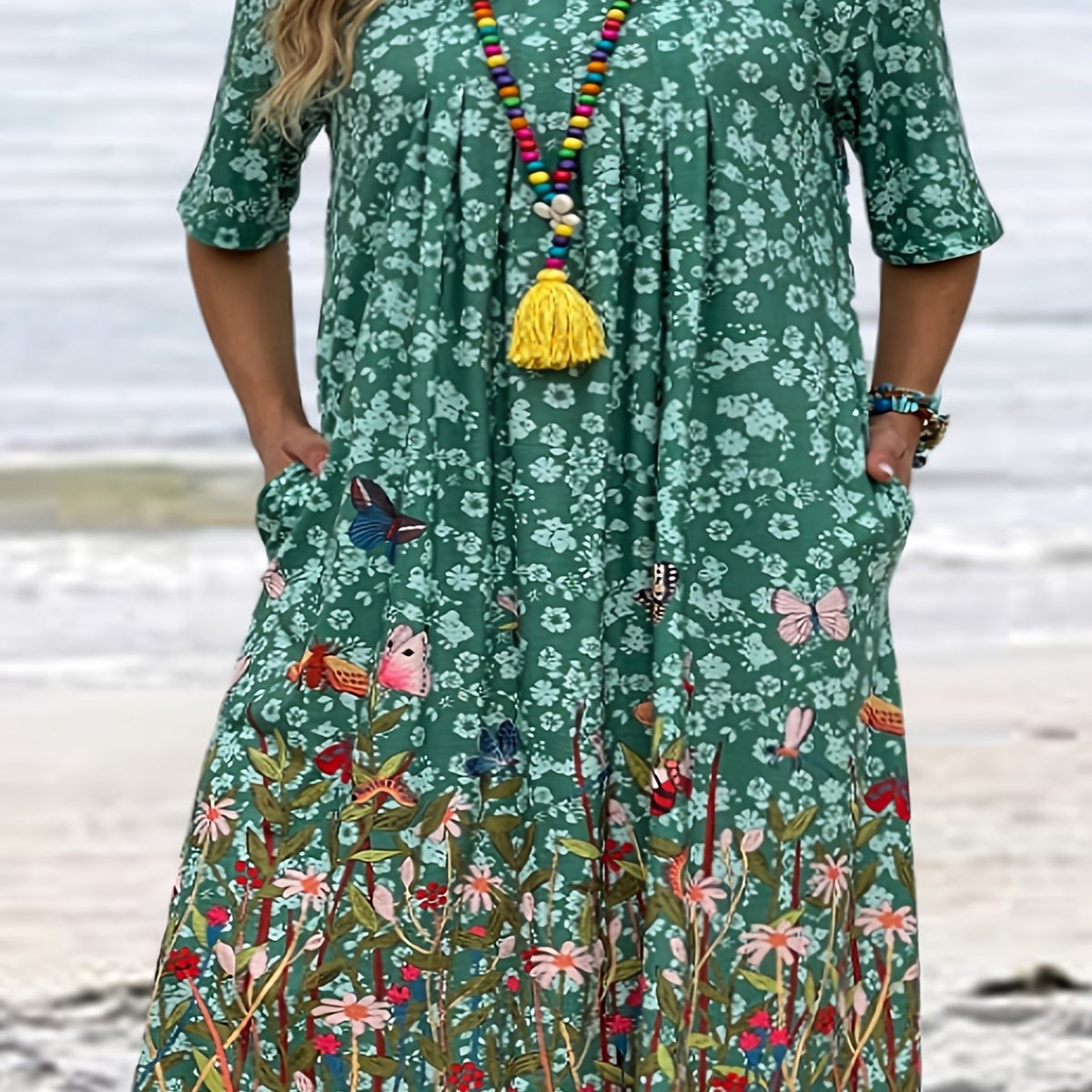  Floral & Butterfly Print Tee Dress With Pockets