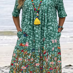 Floral & Butterfly Print Tee Dress With Pockets