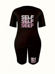  Art Letter Print Tee & Biker Shorts Pajamas Set