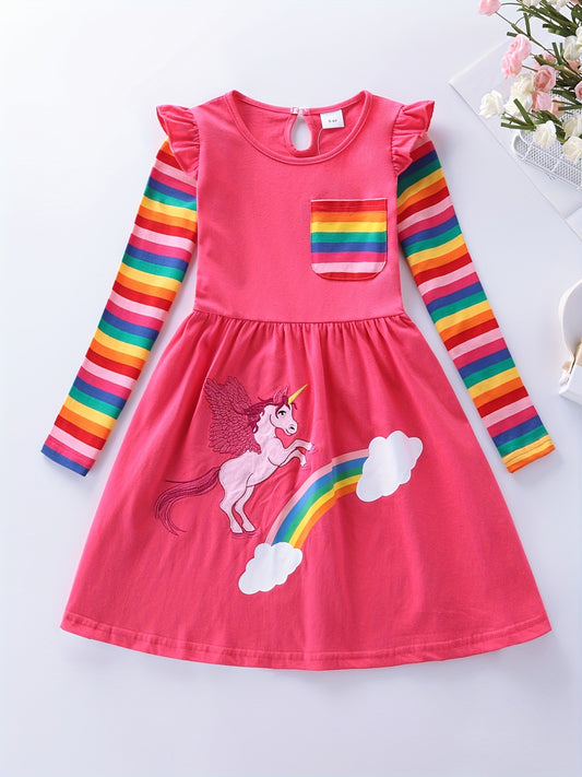 Unicorn Cotton Dress For Girls Long Sleeve Playwear