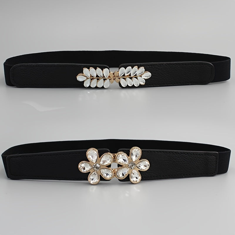 Women's Flower & Leaf Rhinestone Elastic Belt All-match Waist Cover