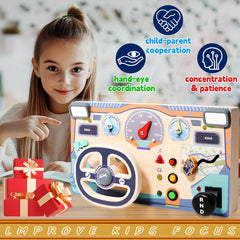 Wooden Busy Board Sensory Toys with Light Switch Steering Wheel