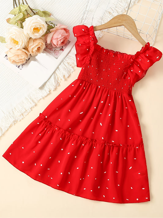 Girls Ruffle Sleeve Square Neck Polka Dot Print Red Dress