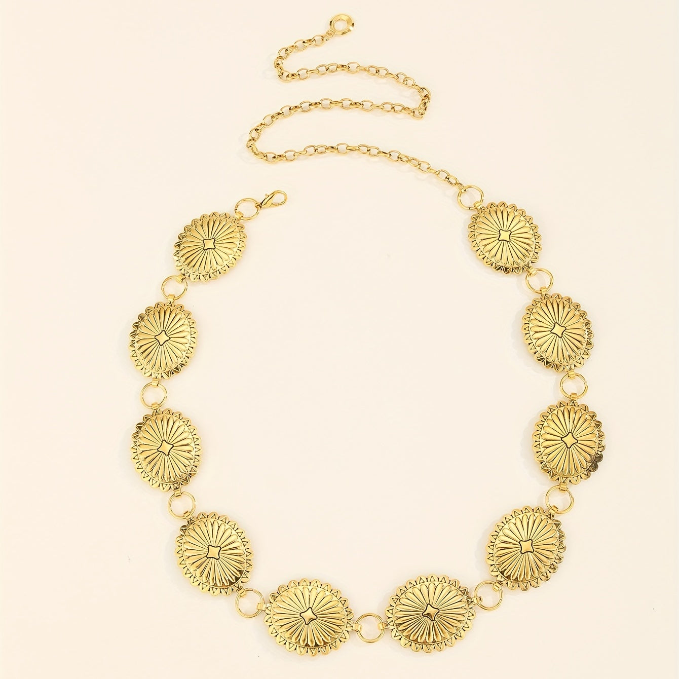 Boho Flower Embossed Waist Chain Oval Western Style Metal Belly Chain Belt