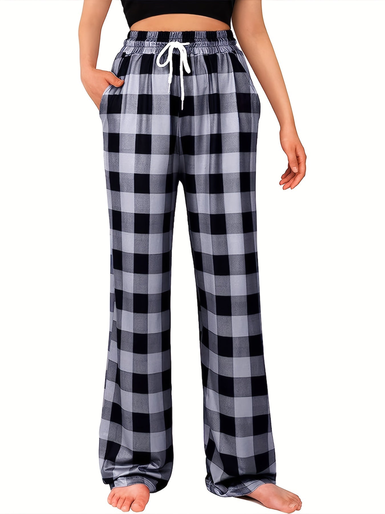  Plaid Print Drawstring Casual Pants with Pockets