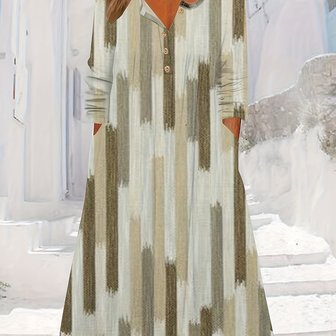  Brush Print Button Up Long Sleeve V Neck Dress