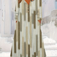  Brush Print Button Up Long Sleeve V Neck Dress