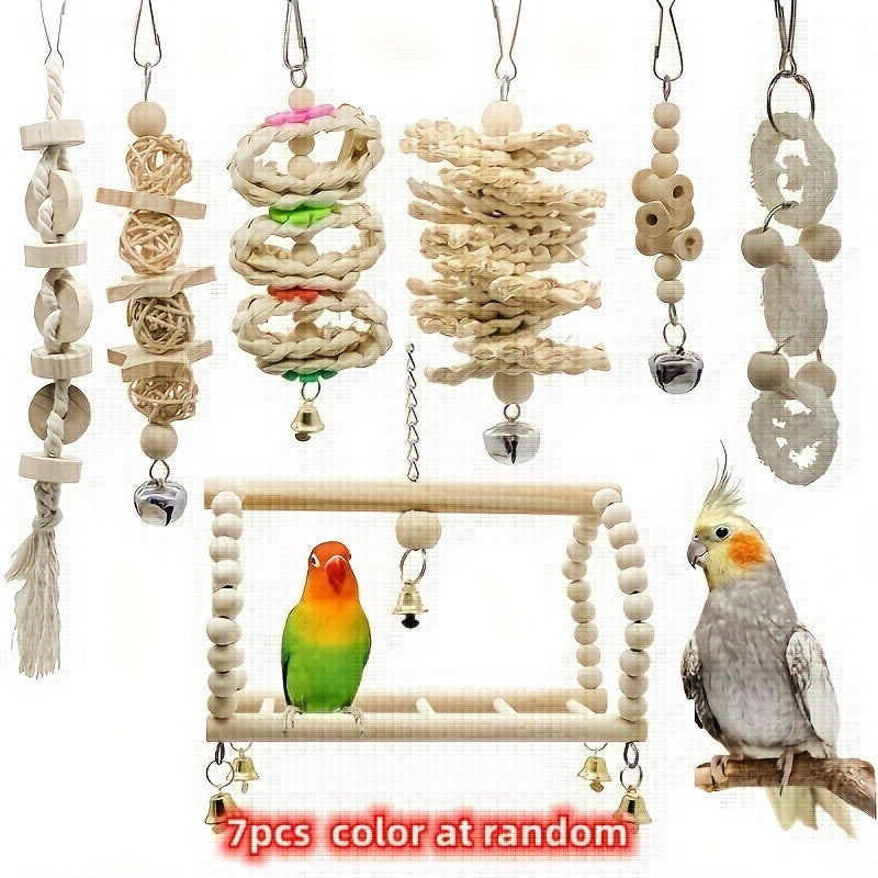 7pcs Parrot Swing Chewing Toy with Hanging Bells