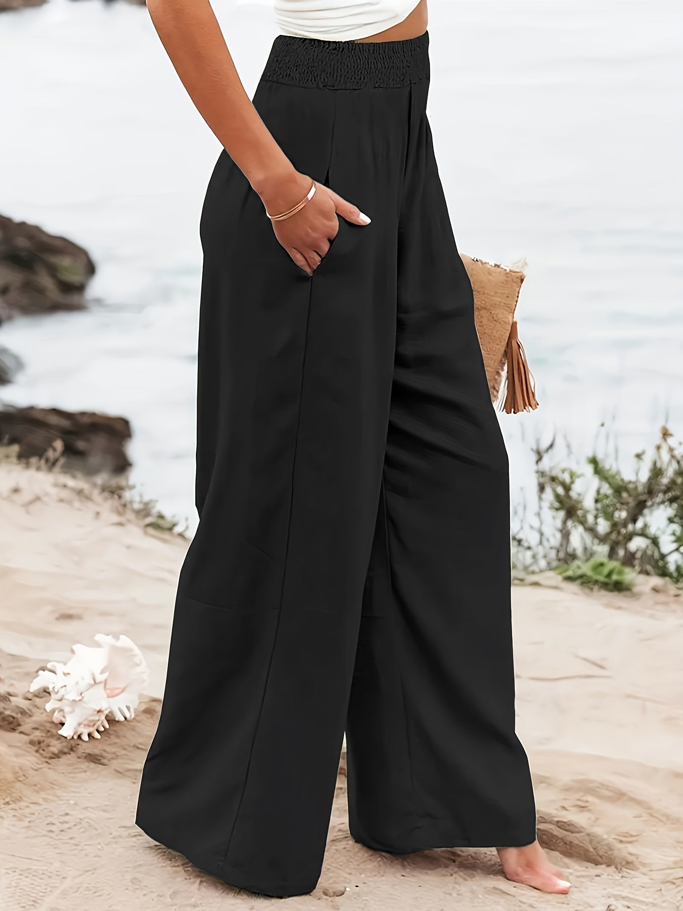  Ruched Wide Leg Pocketed Pants