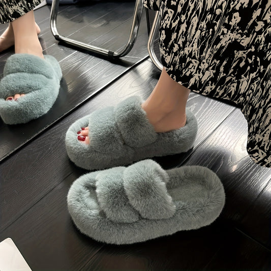 Women's Solid Faux Fur Slippers Plush Platform Shoes