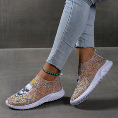 Women's Skull Pattern Sneakers Low Round Toe Non slip Flatform Lightweight Shoes