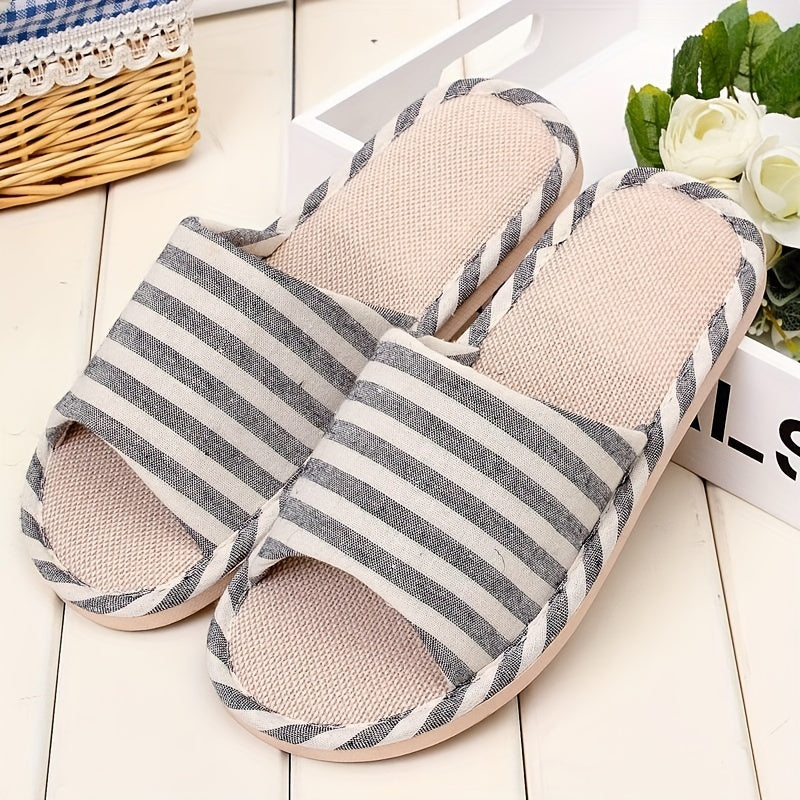 Men's Linen Striped Slides Lightweight Slippers for Indoor Outdoor Beach