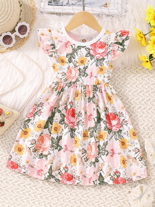 Girl's Plaid Sunflower Graphic Flying Sleeve Dress