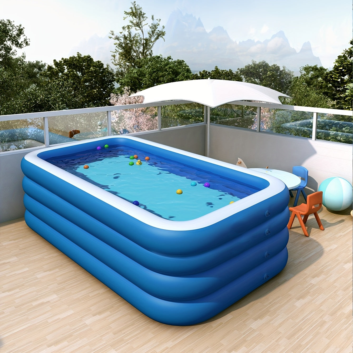 120in 4-Ring Heightening Swimming Pool, Single Layer Bottom, Square Family Pool