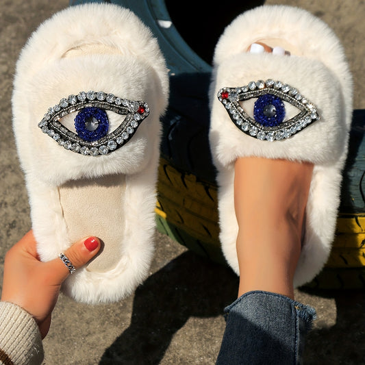 Women's Rhinestone & Eyes Decor Plush Slippers