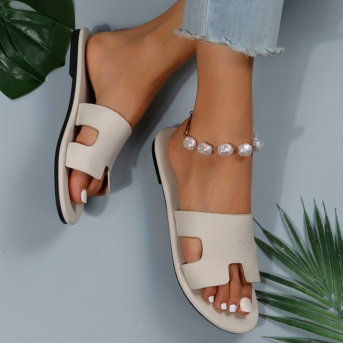 Women's Flat Slides Open Toe Leather Sandals