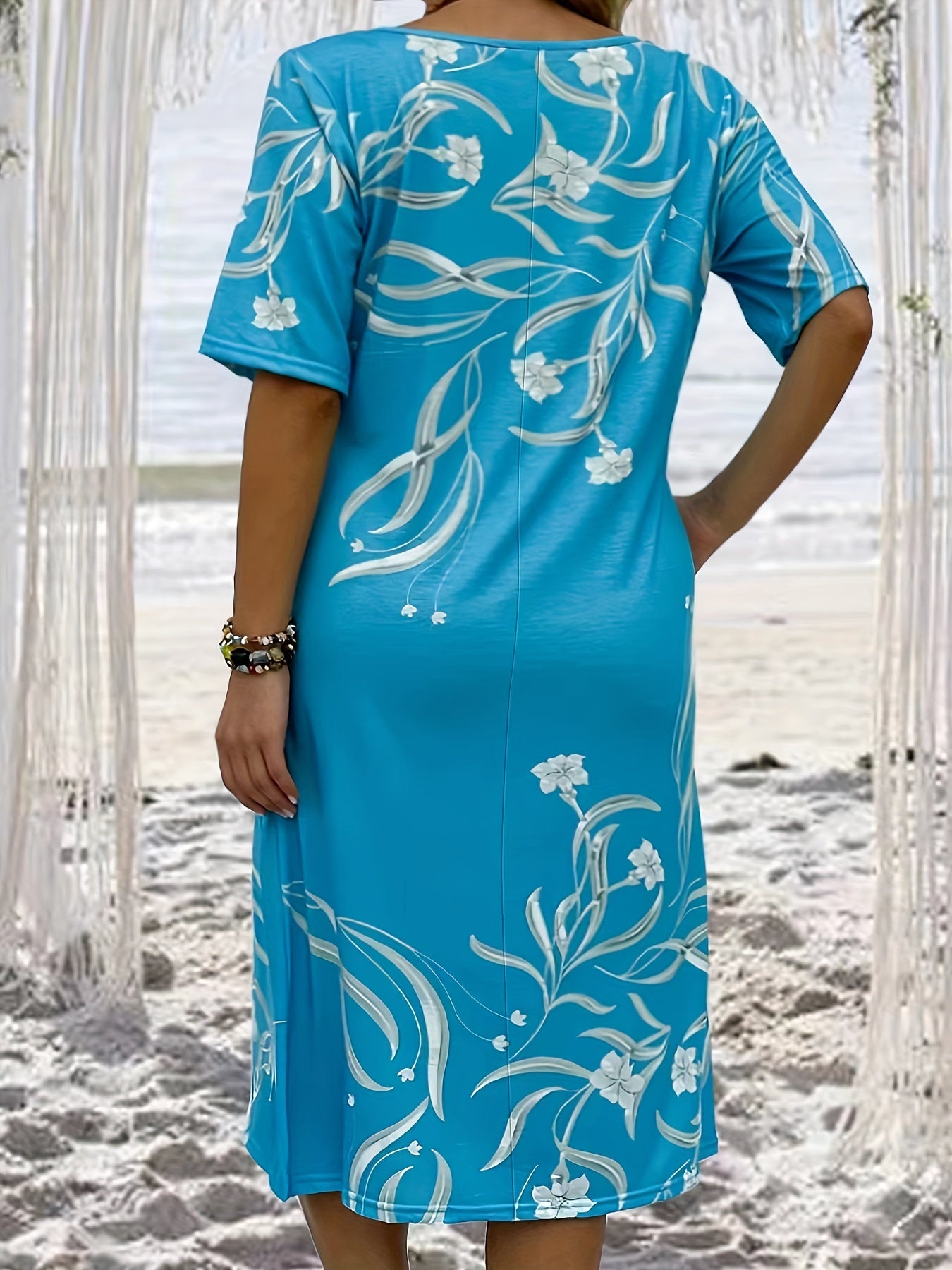  Boho Dress Women's Plus Floral Print Midi T shirt Dress
