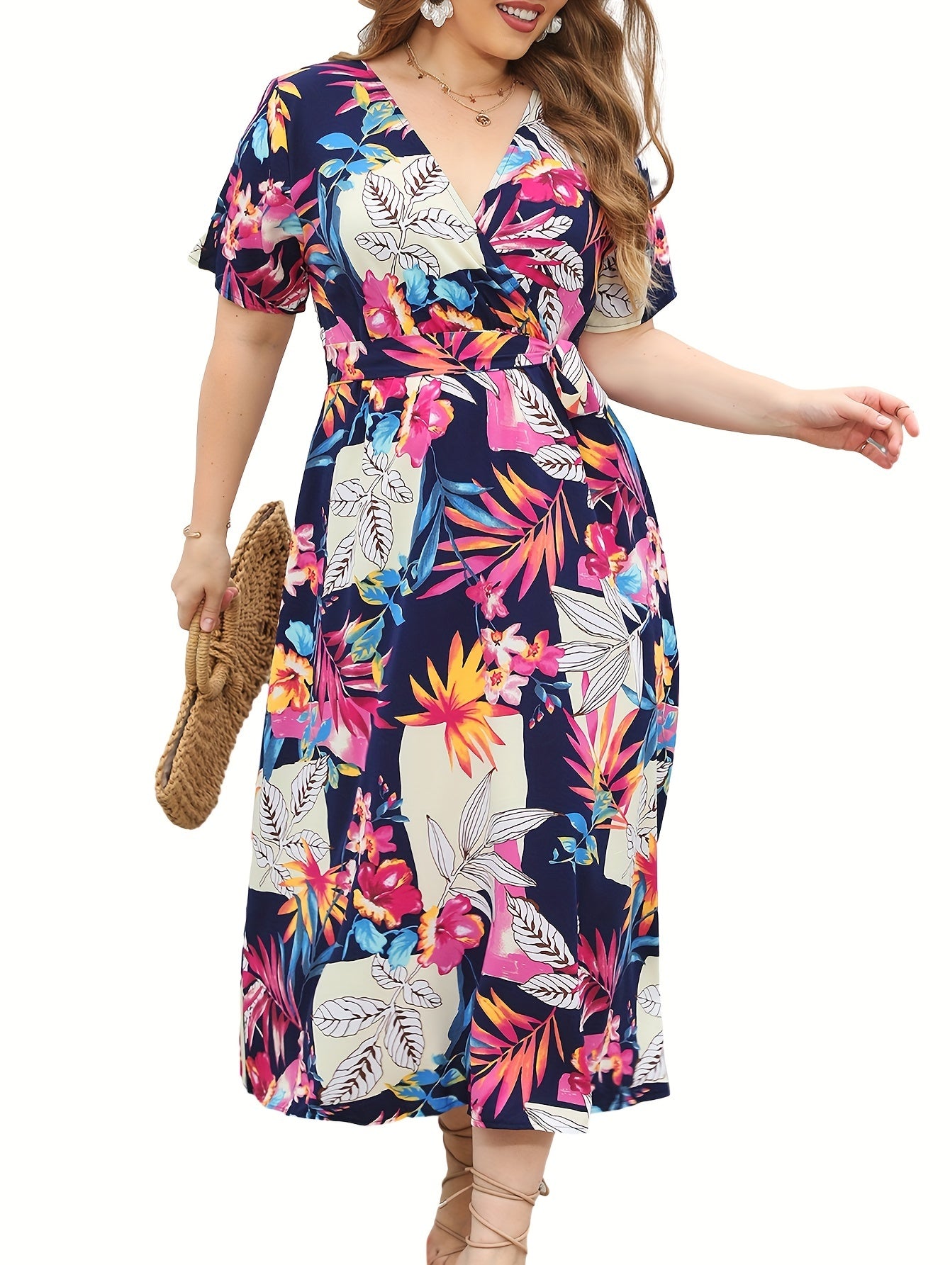  Leaf Print Short Sleeve Dress