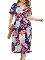  Leaf Print Short Sleeve Dress