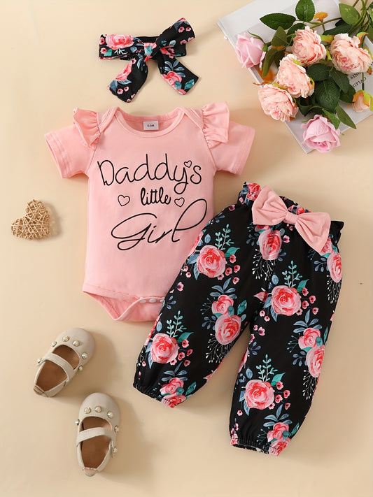 3pcs Baby Girls Daddy's Little Girl Short Sleeve Onesie & Floral Pants