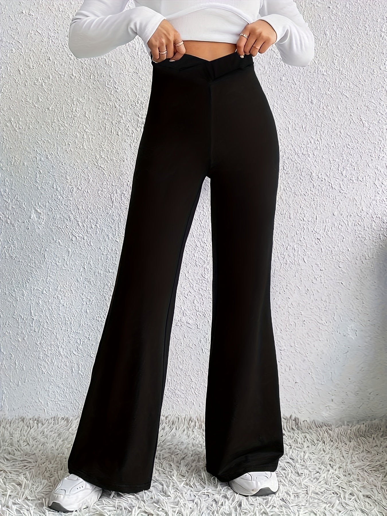 Wide Leg Trousers Solid V Waist High Rise Non Stretch