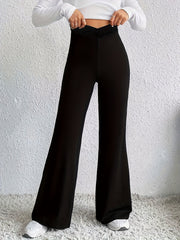  Wide Leg Trousers Solid V Waist High Rise Non Stretch