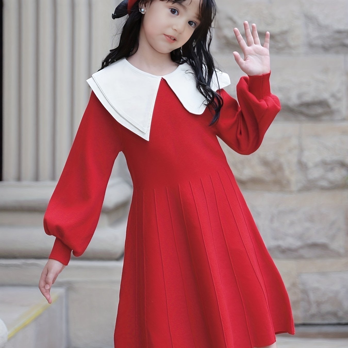 Girls Comfy Cotton Dress Lantern Sleeve Collar Dress Spring Fall Winter