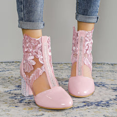 Pink Flower Lace Ankle Boots with Clear Heel