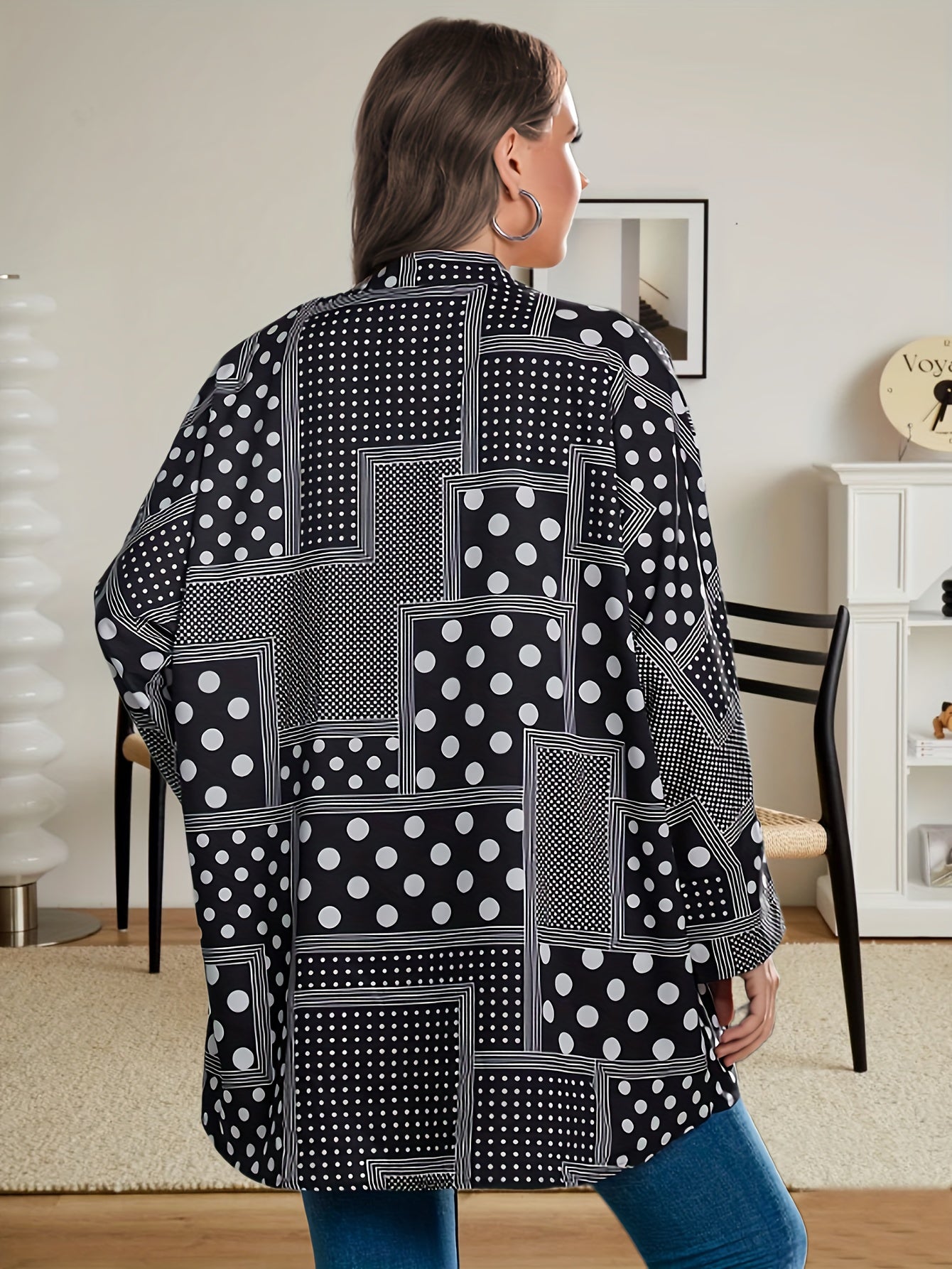  Casual Blouse Women's Plus Patchwork Print Long Sleeve Notched Neck