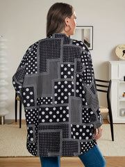  Casual Blouse Women's Plus Patchwork Print Long Sleeve Notched Neck