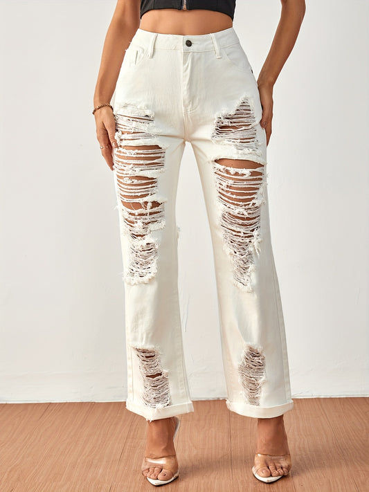 Loose Fit Distressed Non Stretch Denim Pants