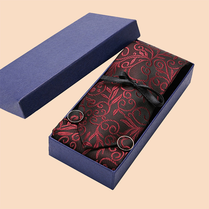 Men's Jacquard Woven Tie Set With Pocket Square & Cufflinks