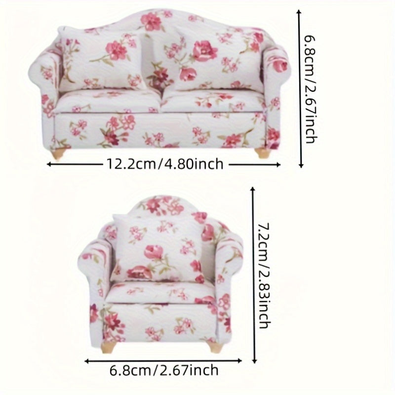 Pink Floral Mini Sofa Set Dollhouse Furniture Decoration