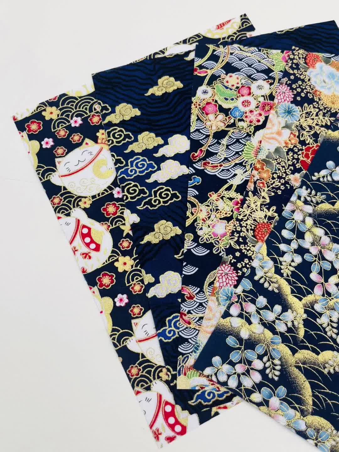 5pcs Dark Cotton Fabric Cat & Flower Printed Cheongsam Fabric