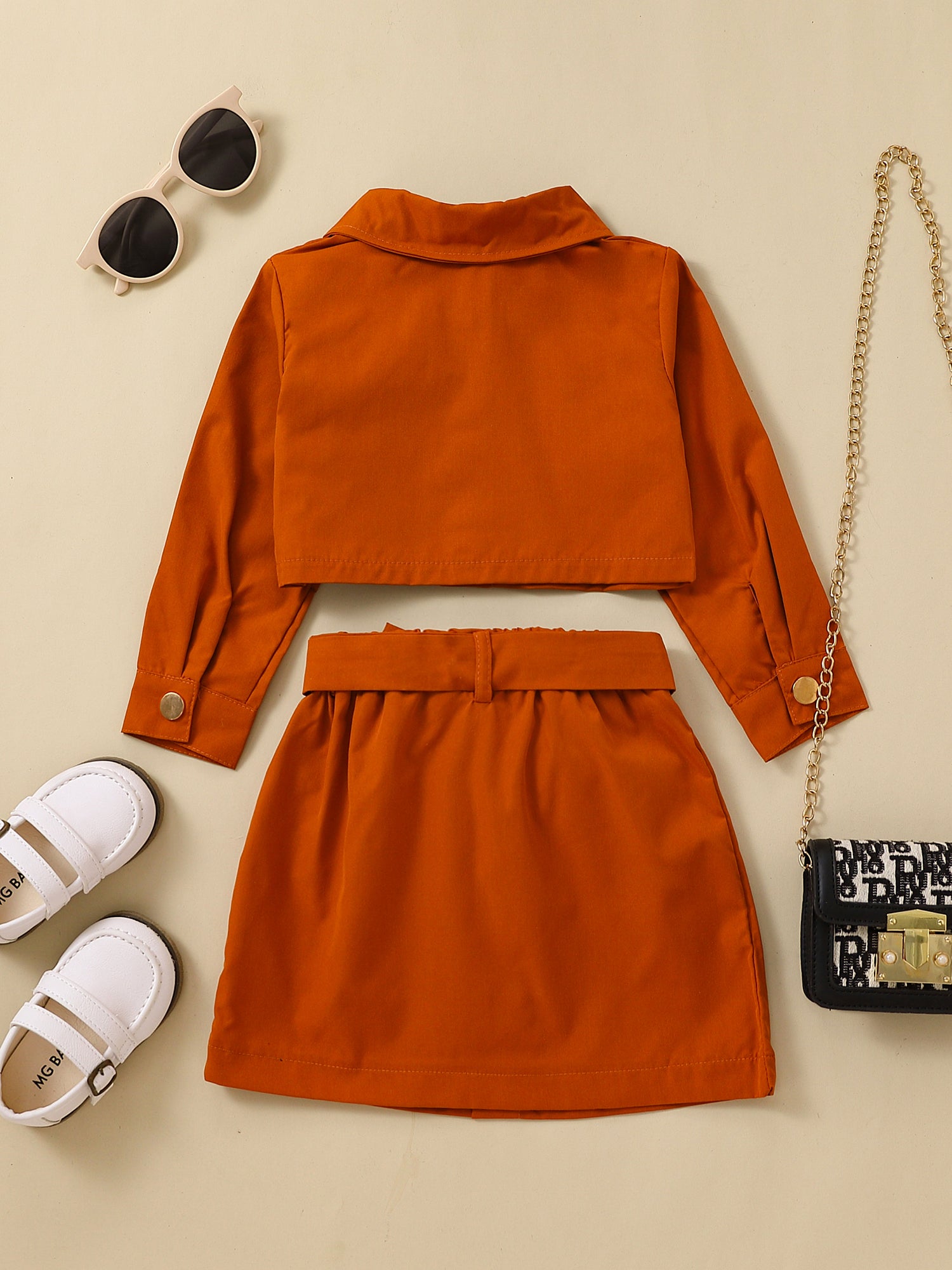 Girls Long Sleeve Top & Skirt Set with Belt