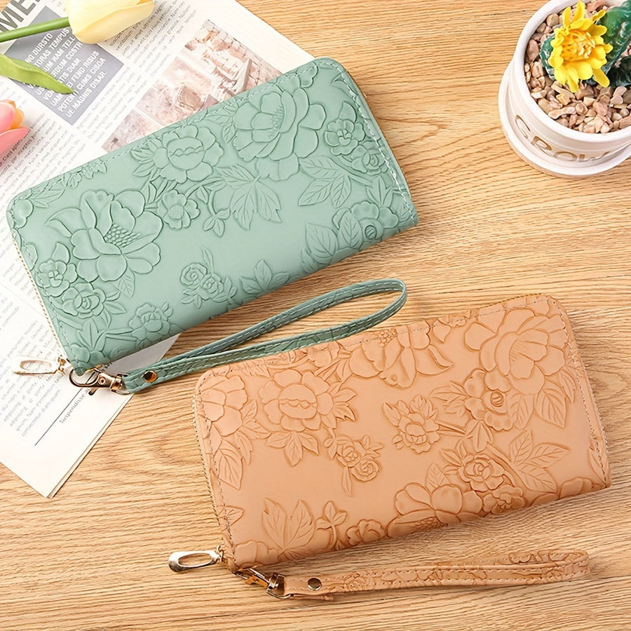 Floral Embossed Long Wallet Zipper Closure Clutch Purse