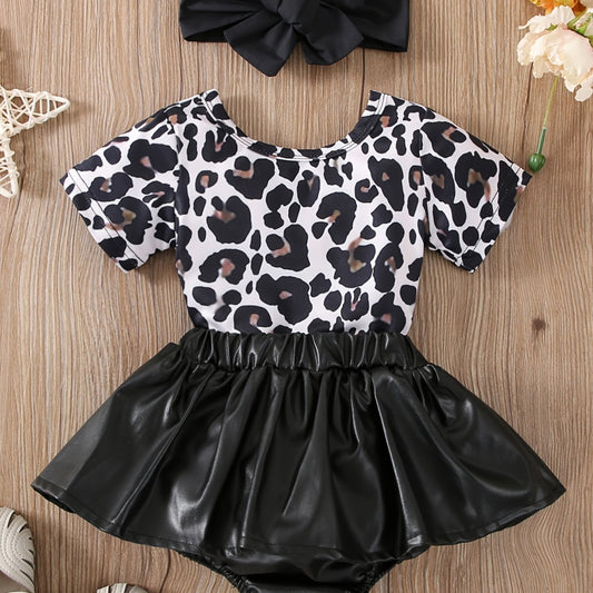 Leopard Print Romper & Faux Leather Skirt Set
