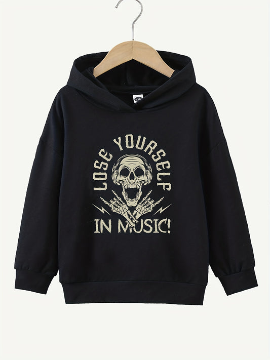 Funny Music Skull Print Boys Casual Pullover Hoodie
