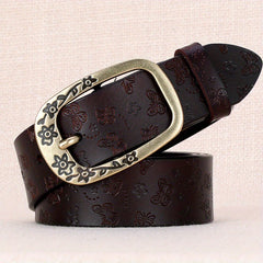 Vintage Flower Buckle Leather Belt Embossed Solid Jeans Pants Belt