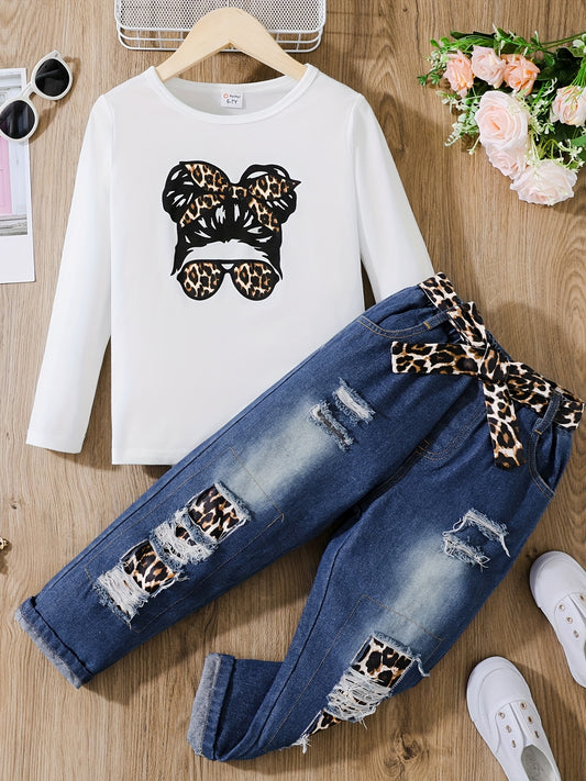 3pc Kid Girl Figure Print Long Sleeve Tee & Belted Ripped Denim Jeans Set