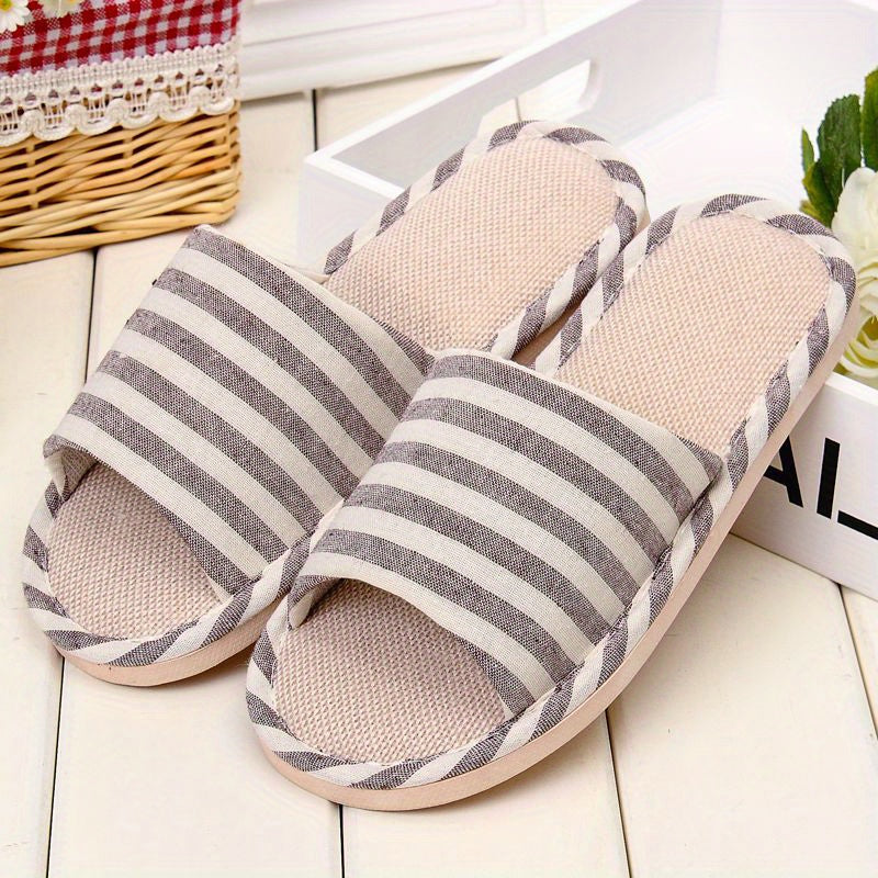 Men's Linen Striped Slides Lightweight Slippers for Indoor Outdoor Beach